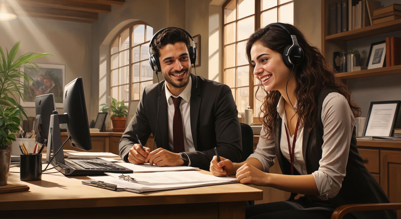 A Turkish customer service representative in a bright office leans forward attentively, listening to a frustrated customer seated across a wooden desk, while holding a notepad and offering a warm, apologetic smile.