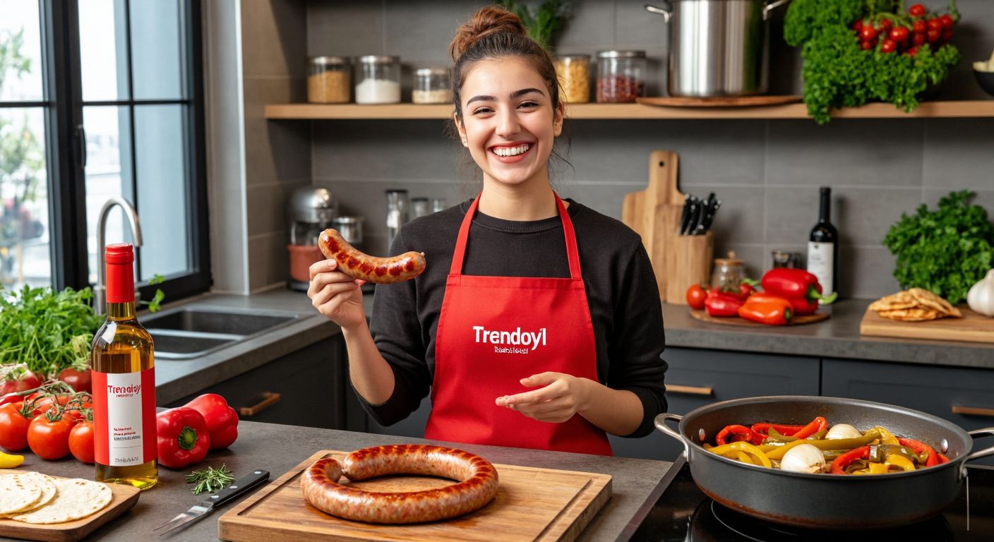 A smiling shopper in a modern Turkish kitchen holds a sizzling bratwurst sausage on a fork, with a Trendyol-branded package on the counter and a pot of simmering peppers and onions nearby.