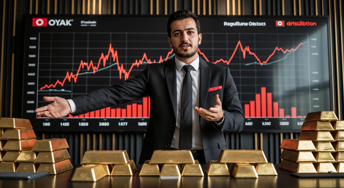 A Turkish financial analyst in a formal suit stands in front of a large chart with rising graphs, gesturing confidently while surrounded by stacks of gold bars, property blueprints, and company logos, symbolizing the diverse factors influencing OYAK's profit distribution forecast.
