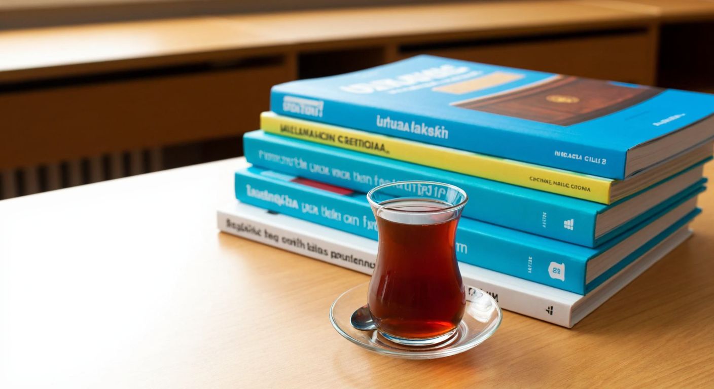 A neat stack of colorful Turkish language textbooks on a wooden classroom desk, with a traditional Turkish tea glass beside them, evoking a warm, educational atmosphere.