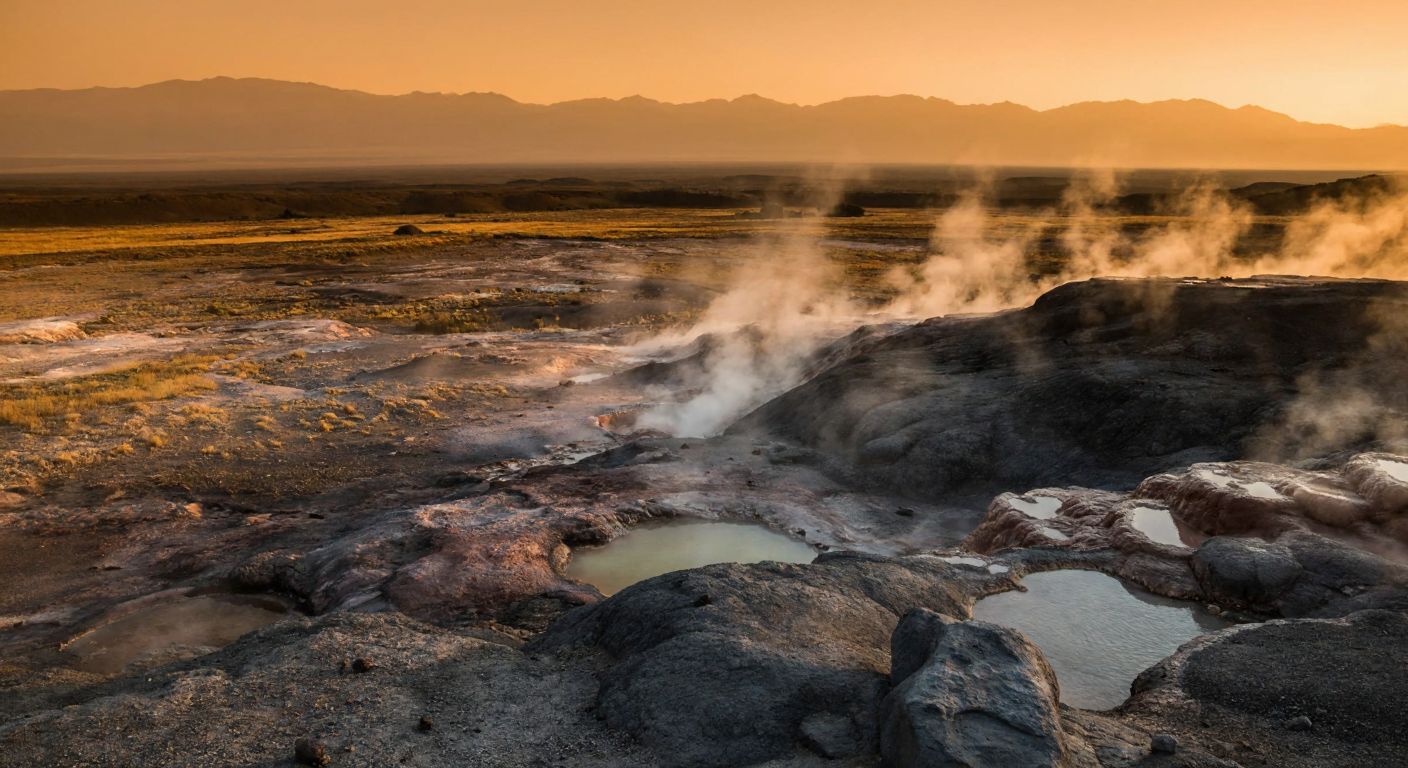 A vast, ancient landscape with volcanic rocks and steaming hot springs under a hazy orange sky, hinting at Earth's primordial origins.