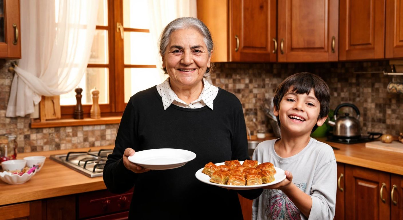 A smiling Turkish grandmother in a cozy kitchen proudly presenting a steaming plate of homemade baklava to her delighted grandchildren.