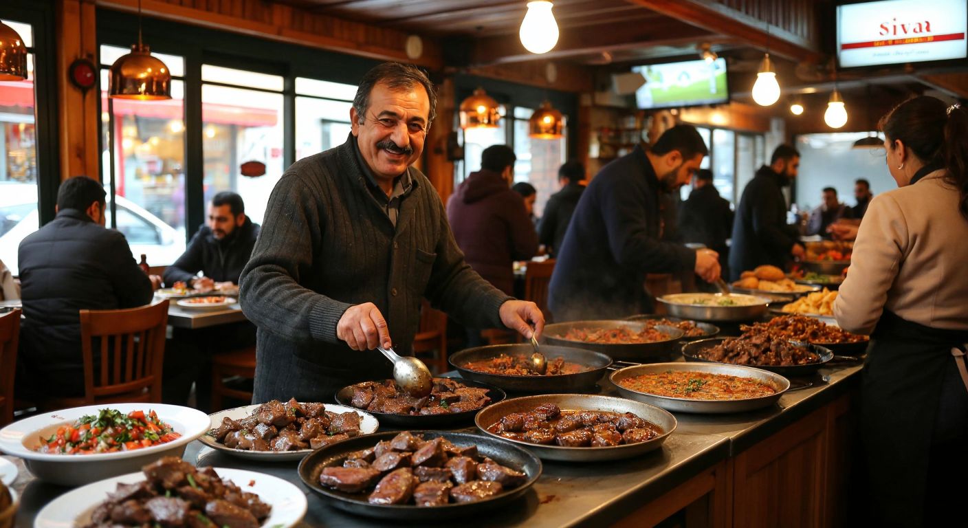 A bustling Sivas restaurant with a warm, inviting interior, where a middle-aged man with a proud smile (Cemal Karaca) serves sizzling plates of golden-brown liver dishes to eager customers.  

(Note: The description avoids text, technology, or explicit content while capturing the essence of the query—ownership of a local Turkish eatery—through setting, people, and food.)