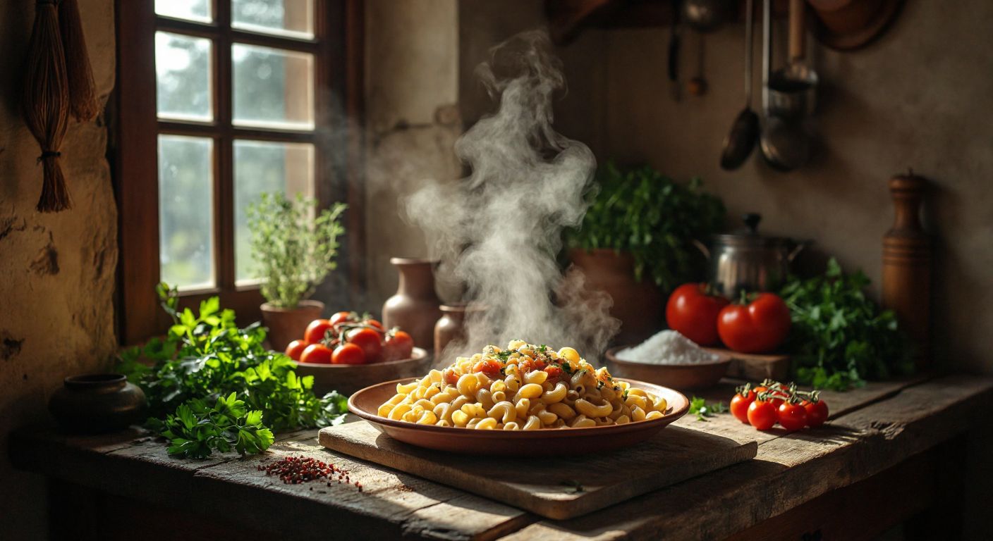 A steaming plate of elbow-shaped pasta on a rustic wooden table in a Turkish kitchen, surrounded by fresh vegetables and herbs, with warm sunlight streaming through the window.