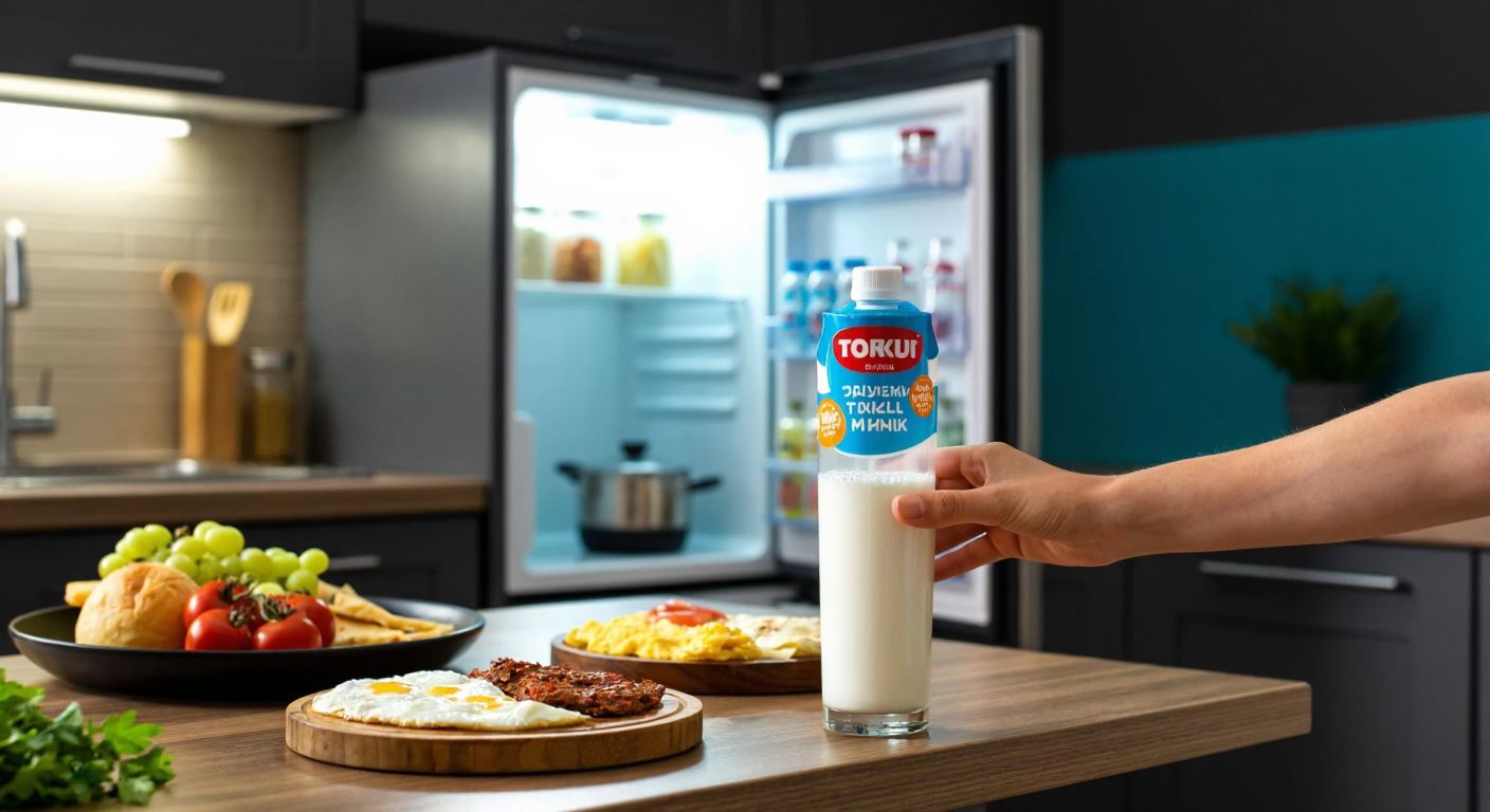 A Turkish kitchen scene with a refrigerator slightly ajar, revealing a carton of Torku milk inside, while a hand places a fresh glass of milk on a wooden table next to a traditional Turkish breakfast spread.