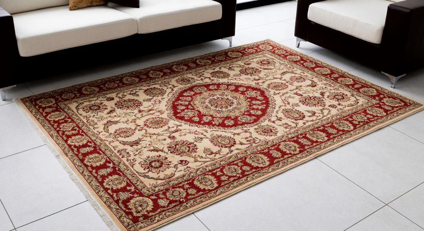 A neatly arranged, square Turkish-style living room carpet with intricate floral patterns in warm red and gold tones, placed precisely within a tiled floor space matching its 8 m² size.