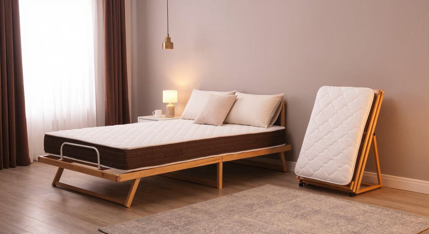 A neatly arranged Turkish bedroom with a wooden latalı somya supporting a plush mattress, and a folded metal katlanır somya leaning against the wall, both surrounded by soft pillows and warm lighting.