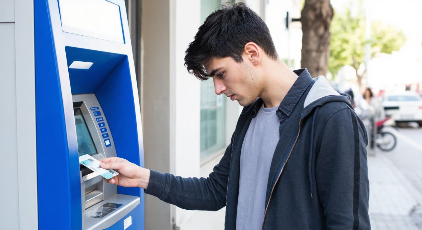 A young man with dark hair and a casual outfit stands at a modern ATM in a Turkish street, inserting a bank card while looking at the screen with focused curiosity.