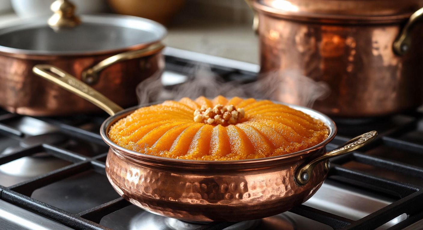 A golden, crispy pumpkin dessert steaming in a traditional Turkish copper pot on a stove, with a warm kitchen backdrop and the sweet aroma filling the air.