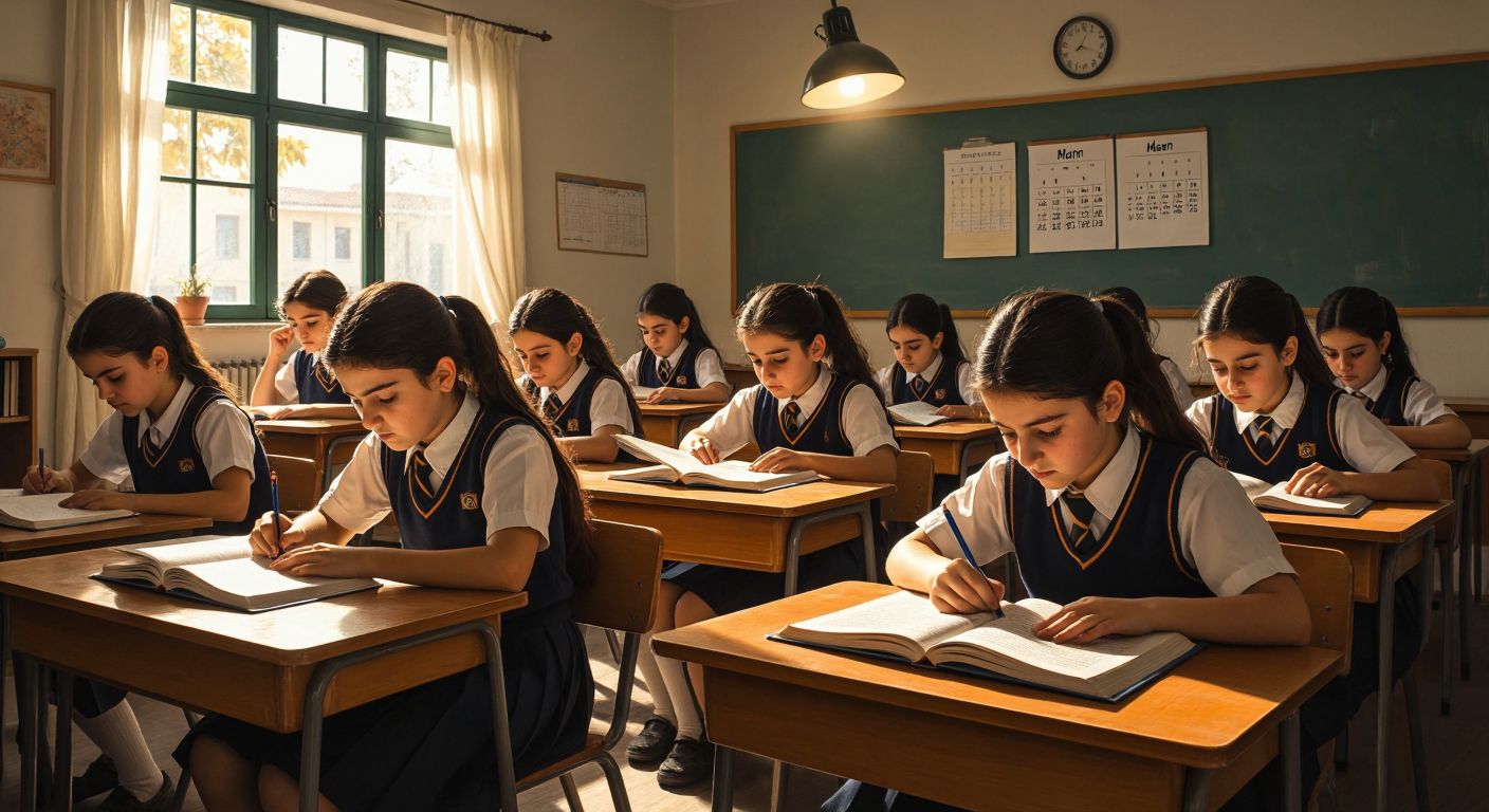A group of Turkish middle school students in uniforms sitting at wooden desks, anxiously flipping through English textbooks under the warm glow of a classroom lamp, with a calendar on the wall showing the month of March.