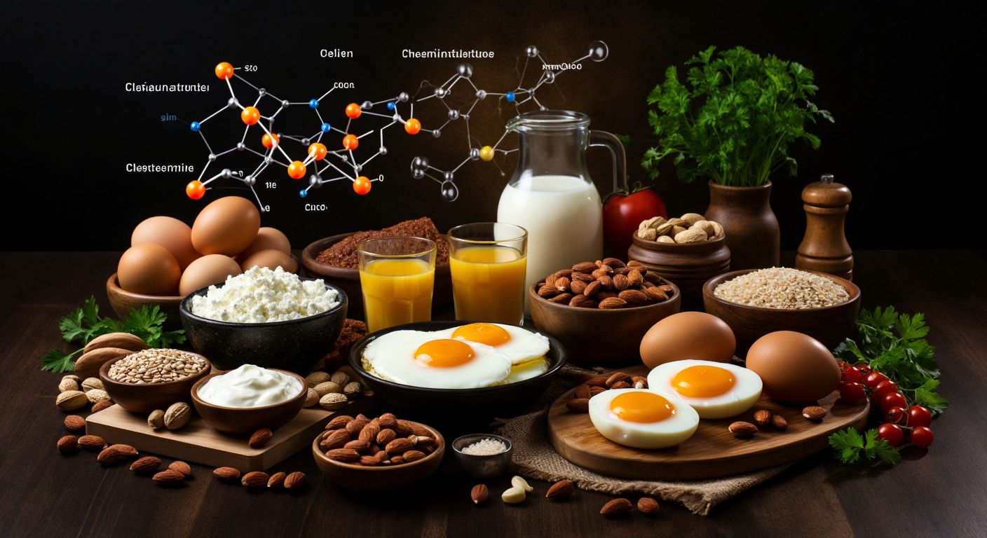 A vibrant Turkish breakfast spread featuring eggs, dairy products, nuts, and whole grains, with molecular structures subtly glowing above the table to represent choline.