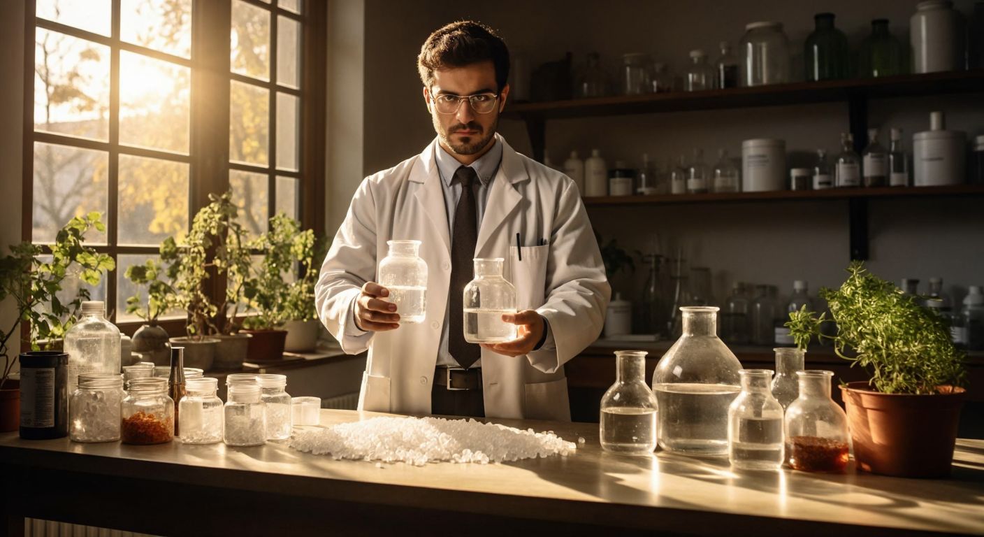 A calm Turkish chemist in a white lab coat holds a beaker of clear water and a bottle of alcohol, surrounded by inert plastic pellets and stable powders on a wooden table in a sunlit laboratory.