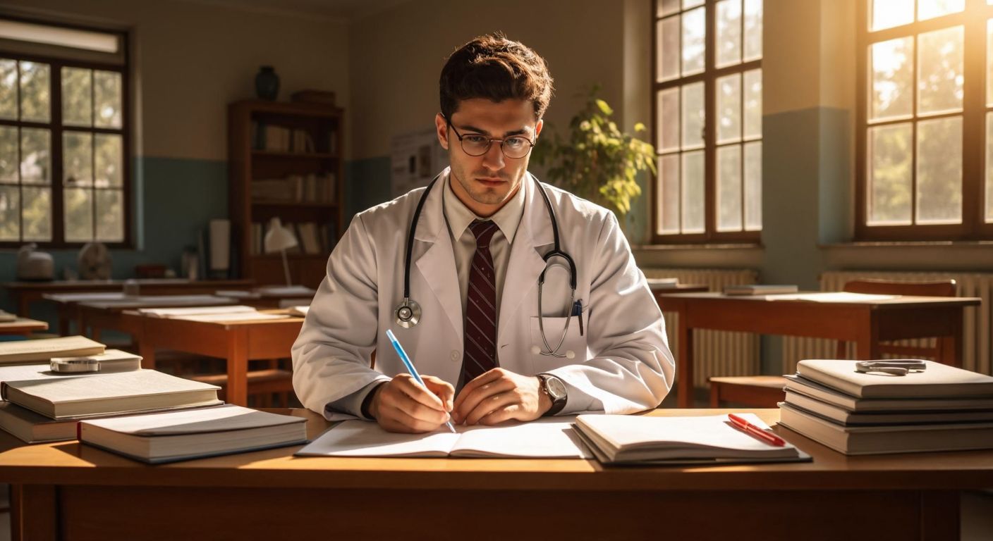 A focused young doctor in a white coat sits at a wooden desk in a sunlit Turkish classroom, surrounded by medical textbooks and a stethoscope, while earnestly marking answers on an exam paper.