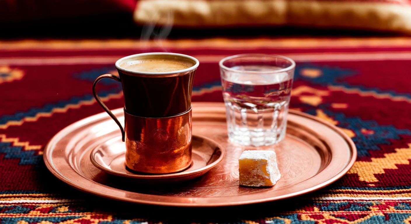 A steaming cup of Turkish coffee on a copper tray with a small glass of water and a piece of lokum, set against a traditional Turkish rug with warm, inviting lighting.