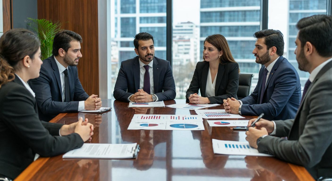 A group of professional Turkish businesspeople in formal attire discussing governance strategies around a polished wooden table in a modern Ankara office, with documents and charts spread out.