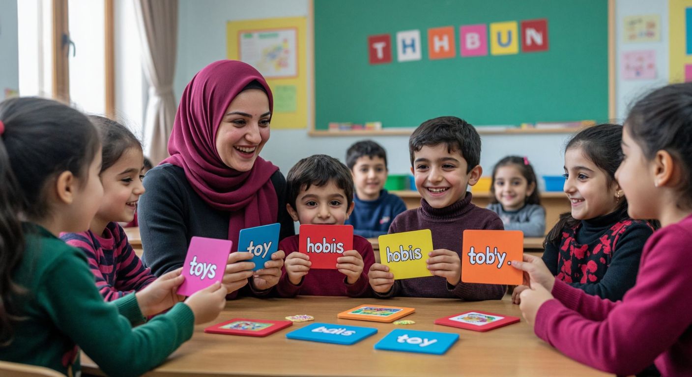 A lively Turkish classroom with smiling children playing a word-matching game, holding colorful flashcards with English words like "hobbies" and "toys," while a teacher in a headscarf encourages them.