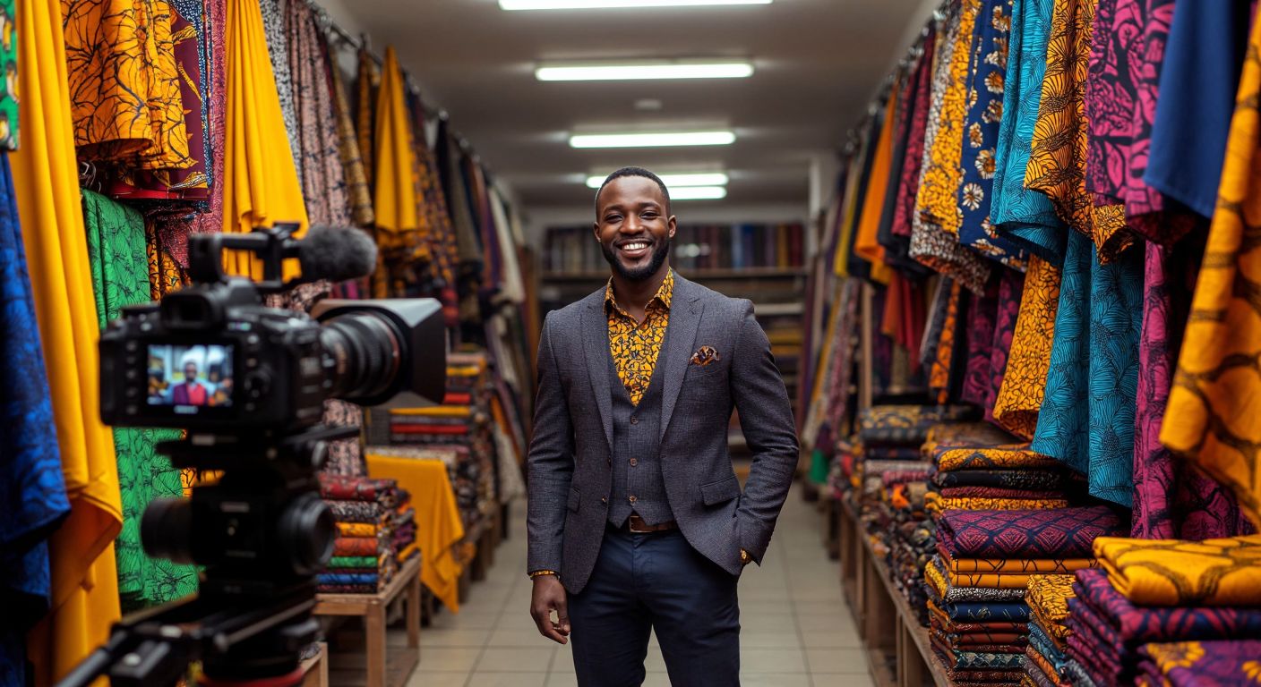 A confident, smiling man in a stylish suit stands in a bustling Ankara textile shop, surrounded by colorful fabrics, while a camera crew films him for a social media video.