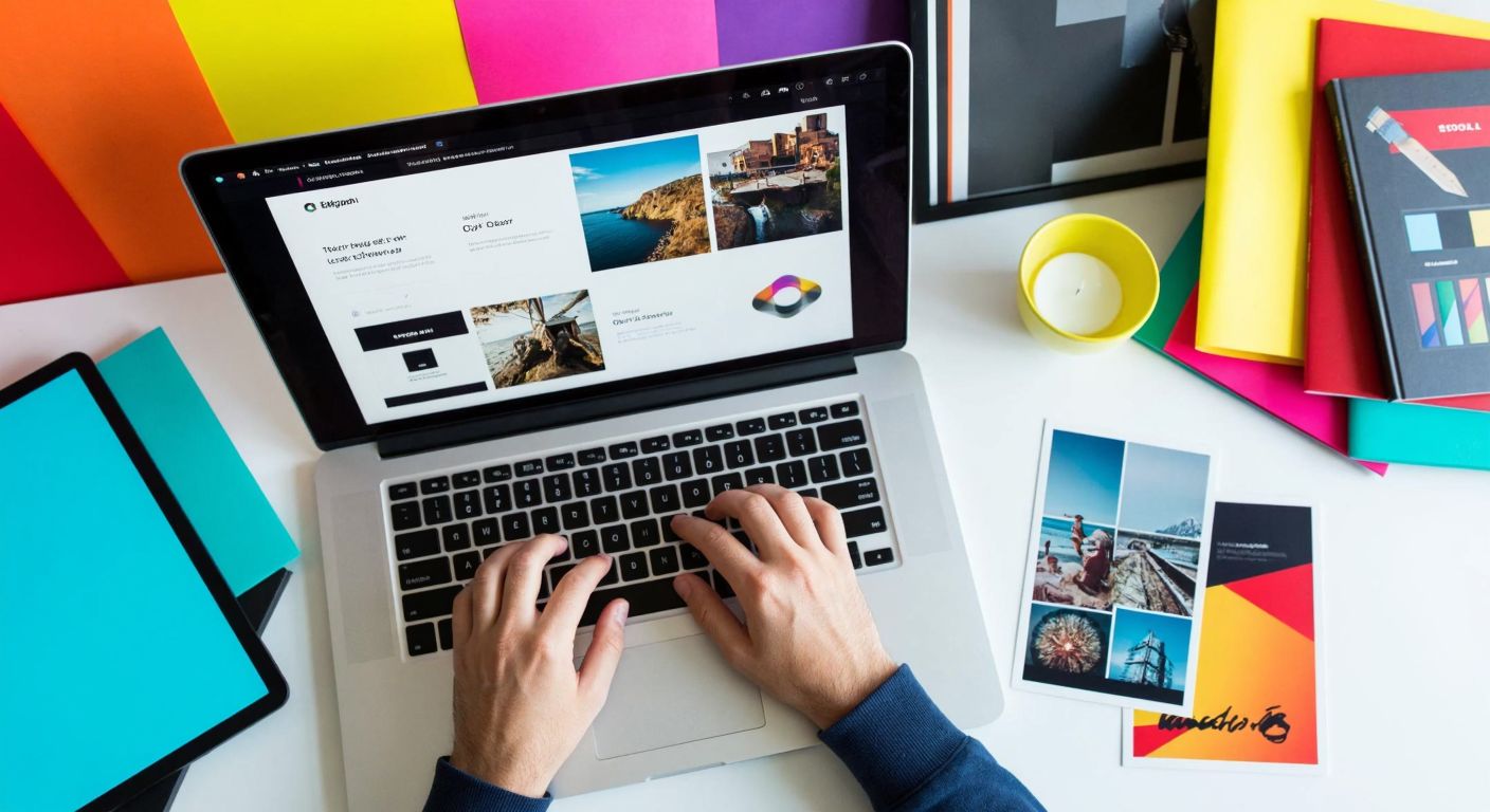 A vibrant digital workspace with a Turkish designer using a laptop to browse colorful stock images and graphic design tools on Rawpixel, surrounded by printed mock-ups of social media posts and greeting cards.