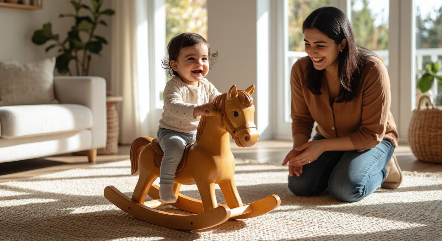 A smiling Turkish toddler with rosy cheeks sits proudly on a smooth, honey-colored wooden rocking horse in a sunlit living room with a woven rug, while a watchful parent kneels nearby with a gentle hand on the child's back.