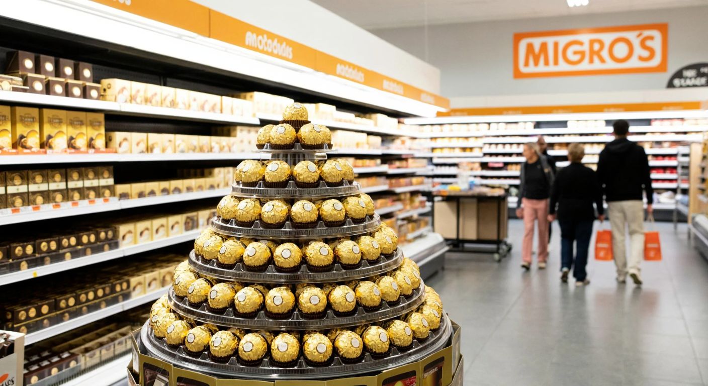 A brightly lit Migros supermarket aisle with neatly stacked golden Ferrero Rocher boxes on a shelf, surrounded by other chocolates and shoppers in casual attire browsing the section.