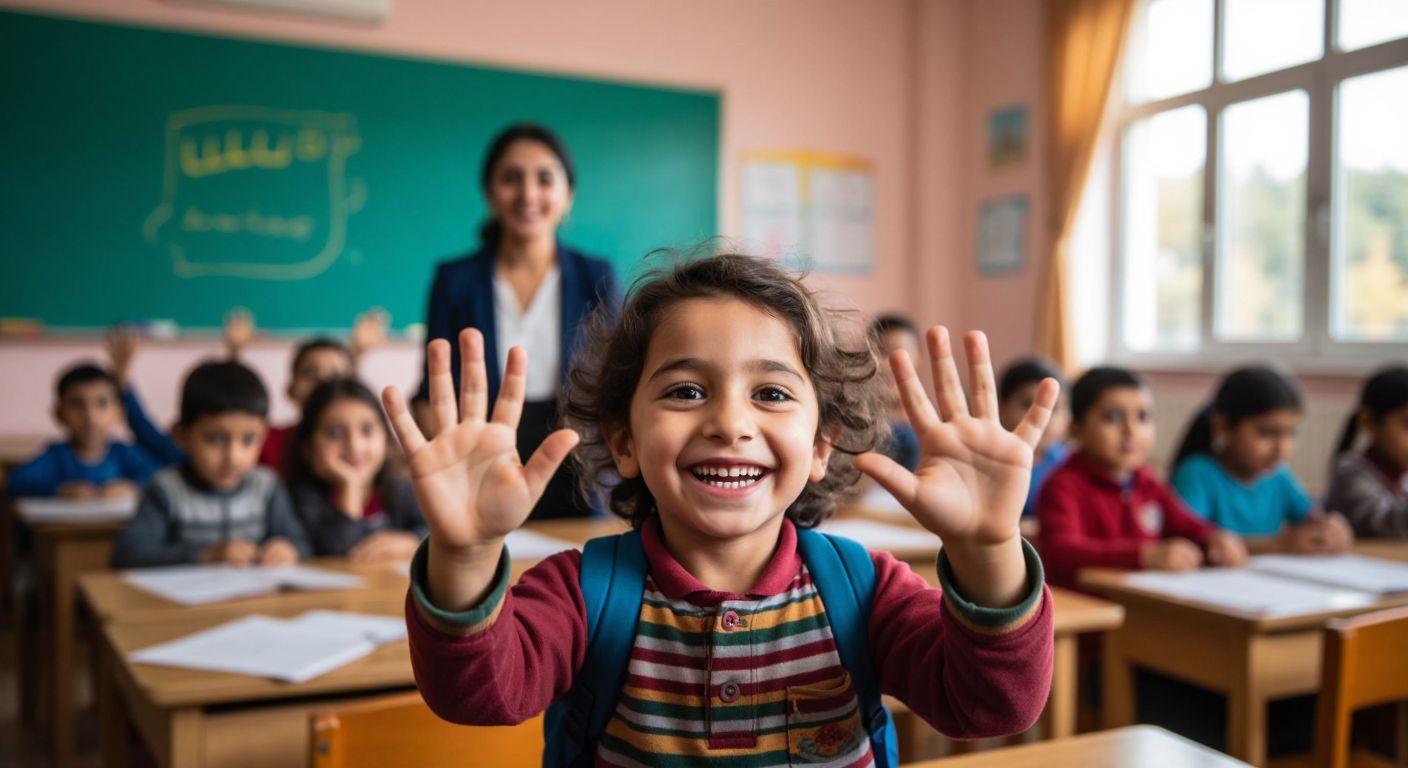 A cheerful young child in a Turkish classroom holds up five fingers with a bright smile, while a teacher nods approvingly in the background.