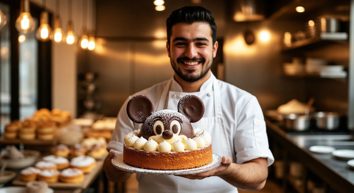 A smiling baker in a white apron holds a freshly baked vanilla sponge cake shaped like Mickey Mouse's head, decorated with chocolate ears and a dusting of powdered sugar, in a cozy Turkish kitchen with warm golden light.