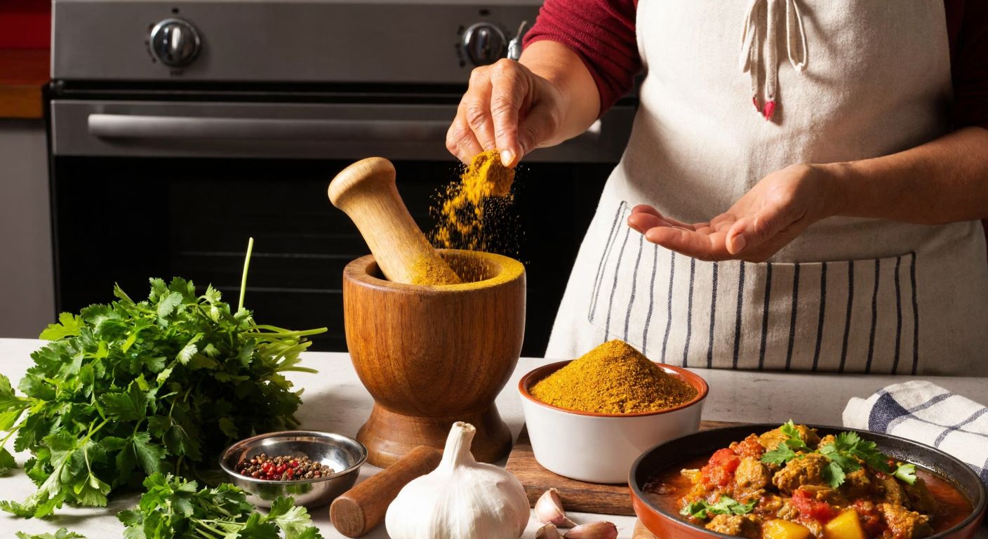 A warm Turkish kitchen with a wooden mortar and pestle grinding golden-brown kinzi baharat, surrounded by fresh herbs, a simmering pot of stew, and a smiling elderly woman in an apron sprinkling the spice into a dish.