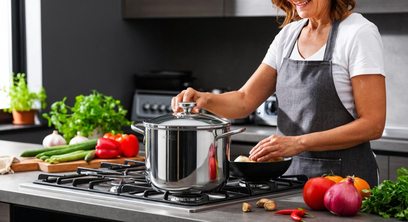 A gleaming stainless steel pressure cooker sits on a modern stovetop in a Turkish kitchen, surrounded by fresh vegetables and herbs, with a smiling middle-aged woman in an apron inspecting its sturdy handle and lid.