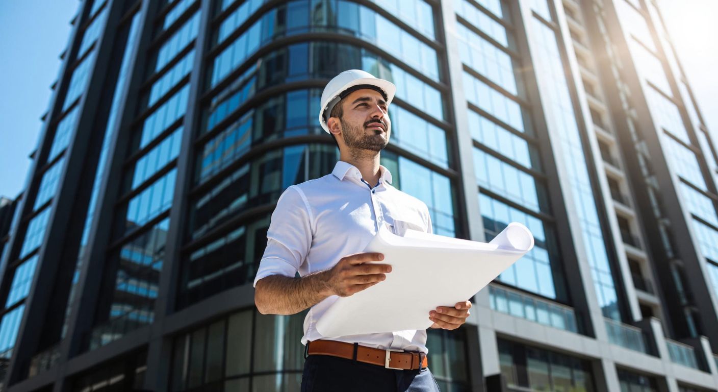 A confident Turkish architect in a hard hat stands before a sleek modern skyscraper, holding blueprints while sunlight glints off the glass facade, embodying innovation and trust.