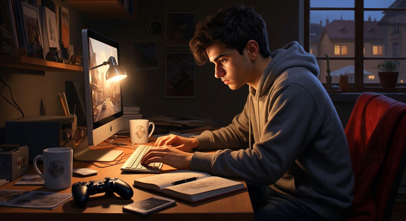 A young Turkish person sits at a wooden desk in a cozy room, intensely focused on a glowing computer screen while their hands hover over a keyboard, surrounded by scattered game controllers, a notebook with scribbled ideas, and a steaming cup of çay.