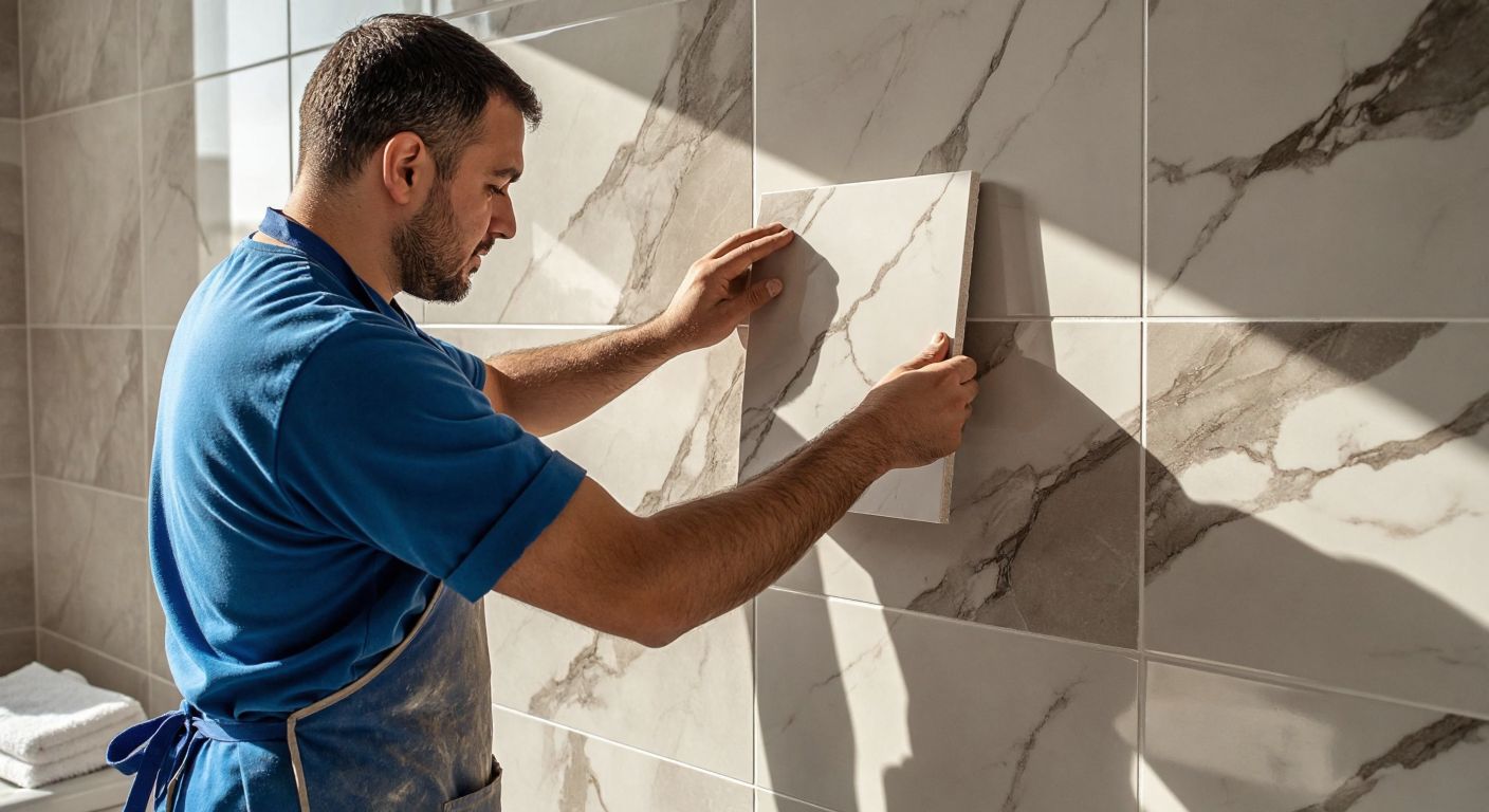 A Turkish worker in a blue apron carefully placing a glossy, marble-patterned 30x60 tile onto a bathroom wall, with a stack of identical tiles nearby and sunlight reflecting off their polished surface.