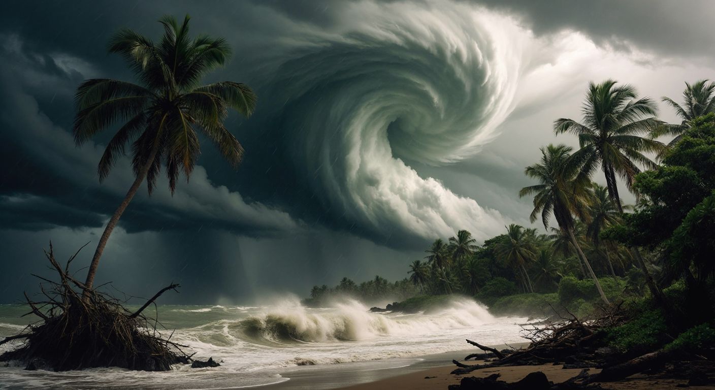 A powerful swirling hurricane with dark storm clouds and fierce winds tearing through a coastal landscape, uprooting trees and bending palm fronds violently.