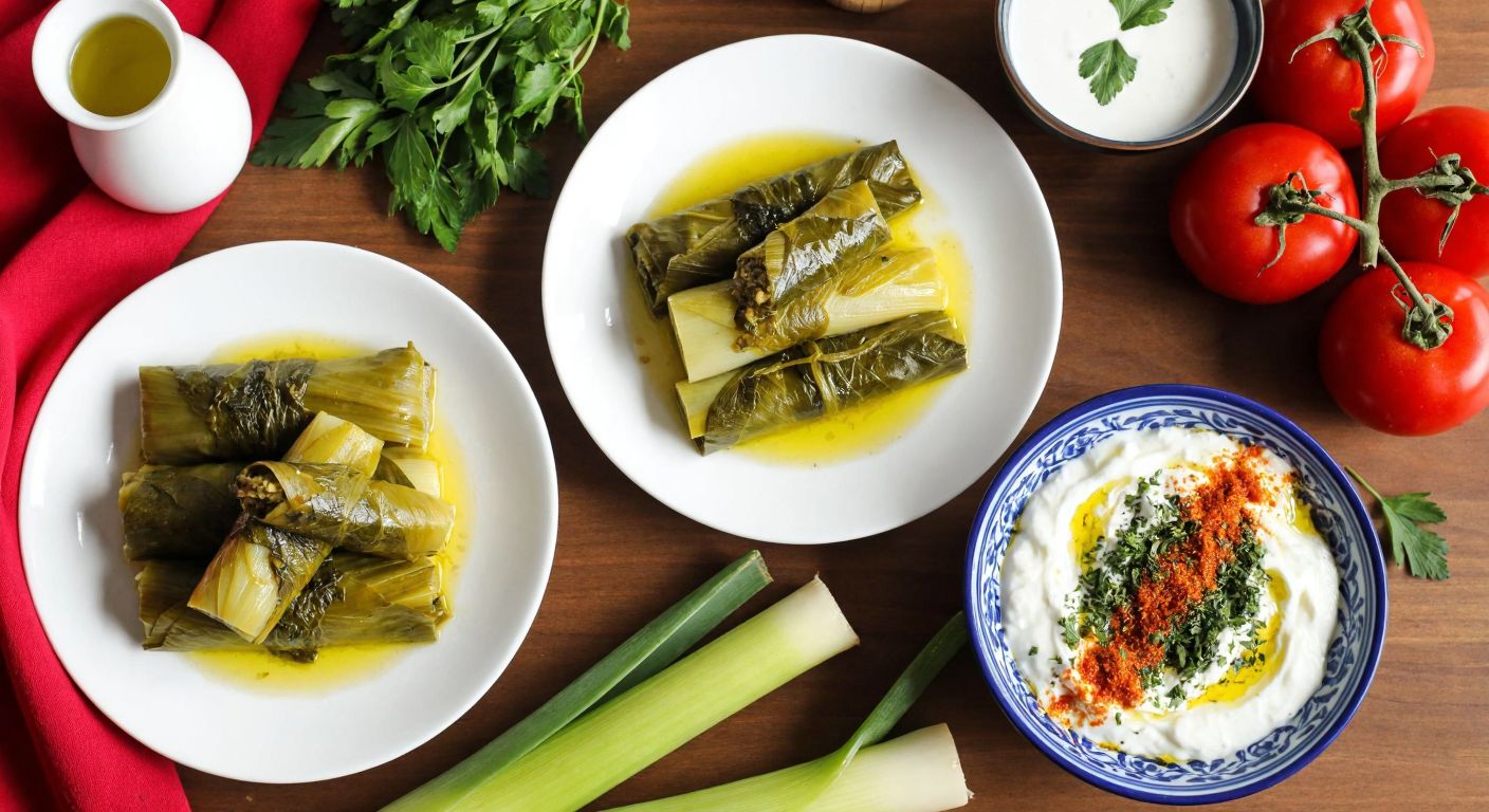A vibrant Turkish kitchen scene with a wooden table displaying two plates of leek dolma—one drizzled with olive oil (Ege/Marmara style) and another topped with yogurt and spices (Doğu Anadolu style)—flanked by fresh leeks, herbs, and regional ingredients like zeytinyağı and baharat jars.