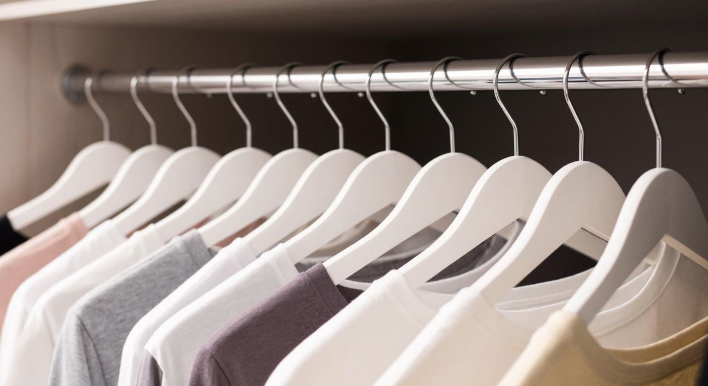 A neatly organized Turkish wardrobe with rows of white plastic hangers resembling wood, holding elegant dresses and coats, their smooth surfaces reflecting soft light.