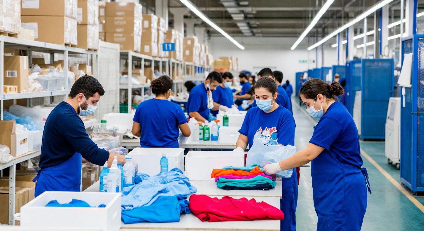 A bustling Turkish factory floor with workers in blue uniforms packaging plastic medical bottles and colorful clothing items, while stacks of export-ready boxes labeled for international shipping line the background.