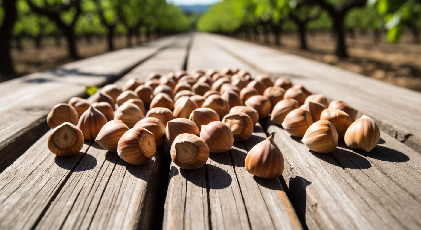 A rustic wooden table in a Turkish orchard scattered with small, round pikola hazelnuts and slender sivri hazelnuks, their shells glinting in the sunlight.