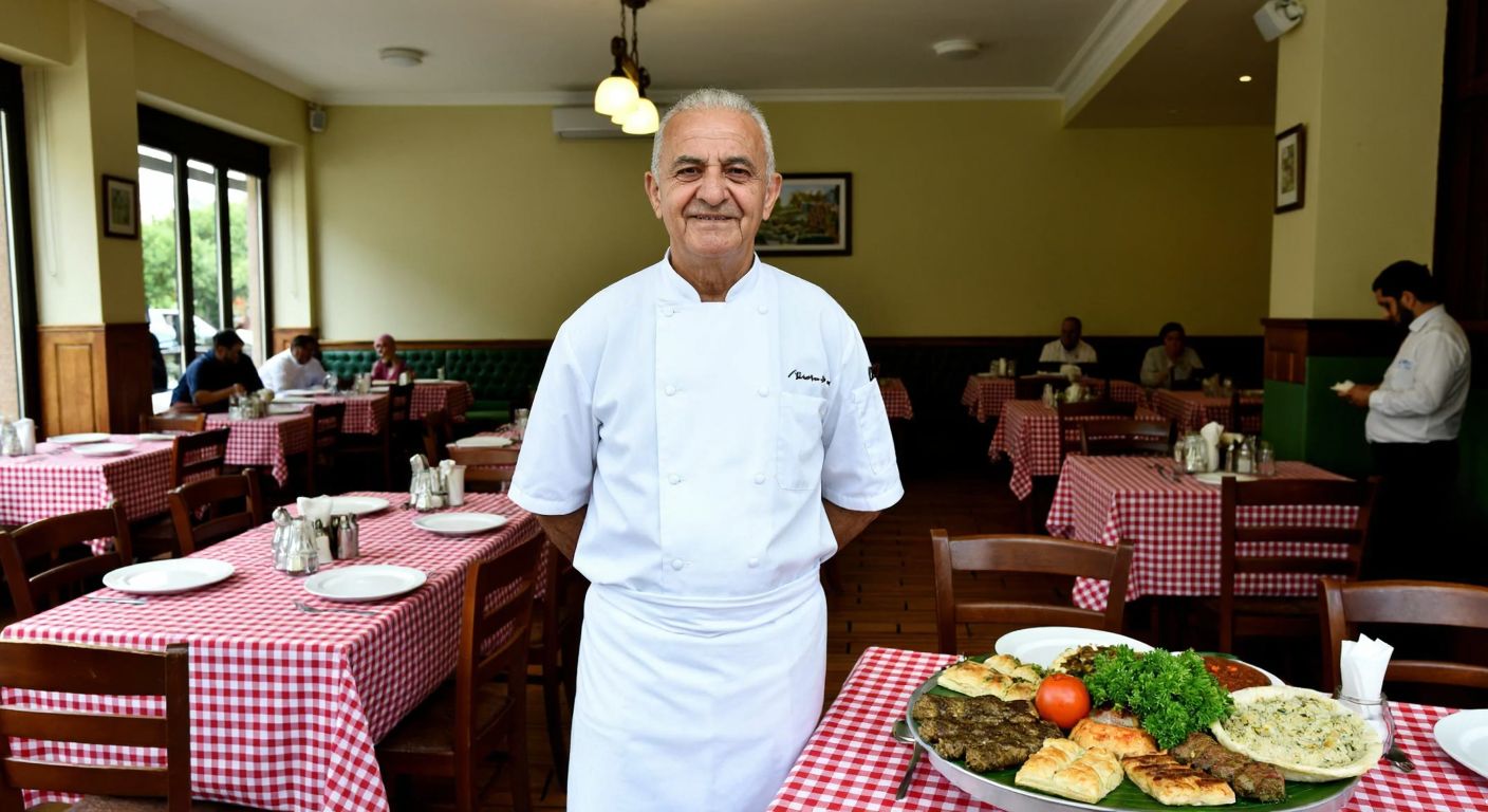 An elderly Turkish chef in a white apron proudly stands in front of Kanaat Lokantası’s bustling dining room, where steaming plates of traditional dishes like kebabs and baklava are served on checkered tablecloths.