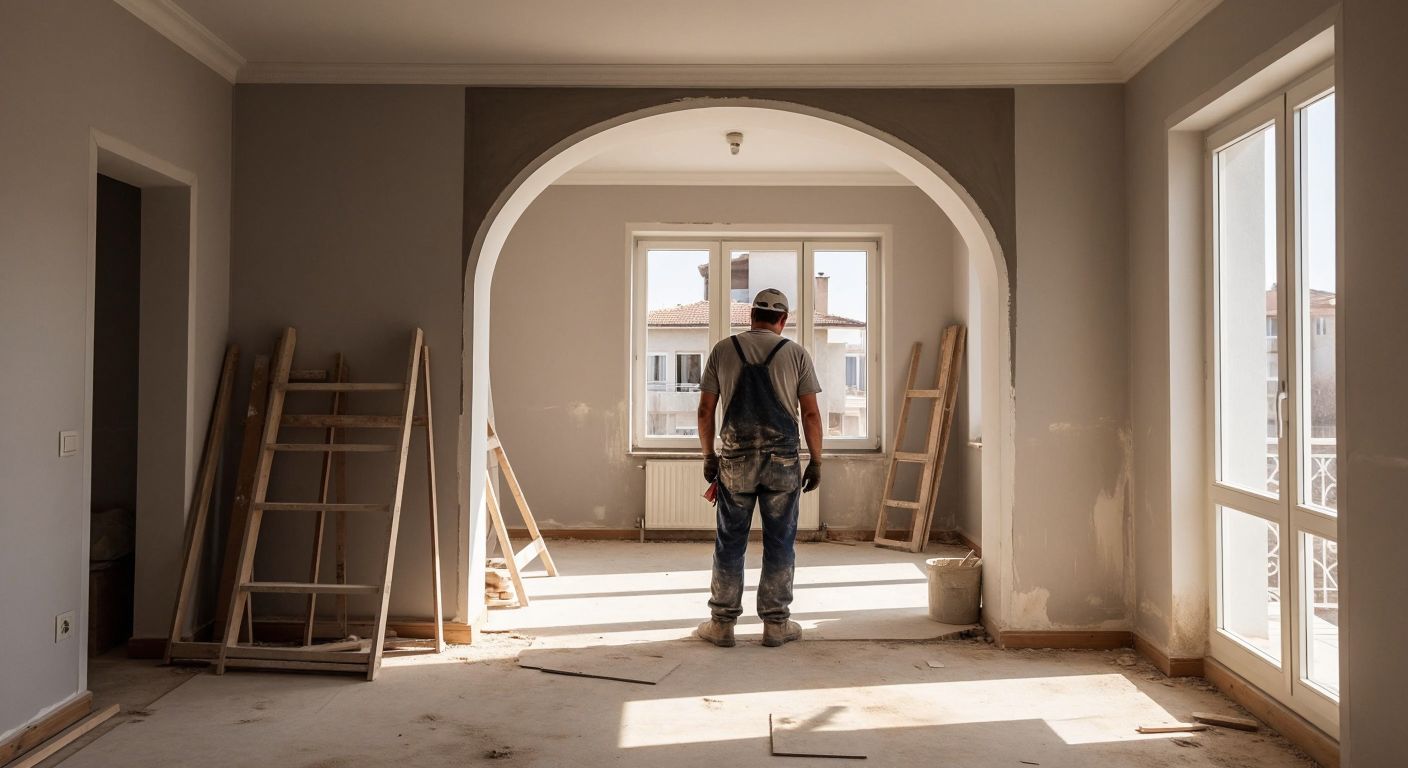 A construction worker in a dusty apron carefully inspects a freshly installed plasterboard arch in a half-finished Turkish home, with open windows allowing sunlight and a breeze to aid drying.