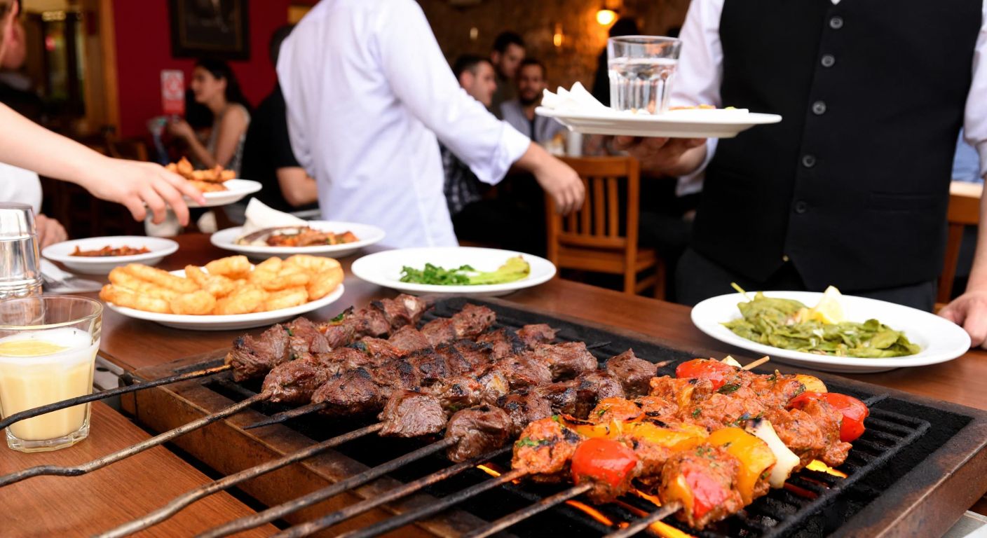 A bustling Turkish restaurant with sizzling skewers of spicy liver kebabs on a grill, surrounded by diners enjoying their meals, and a waiter carrying a tray with a frosted glass of rakı in the background.