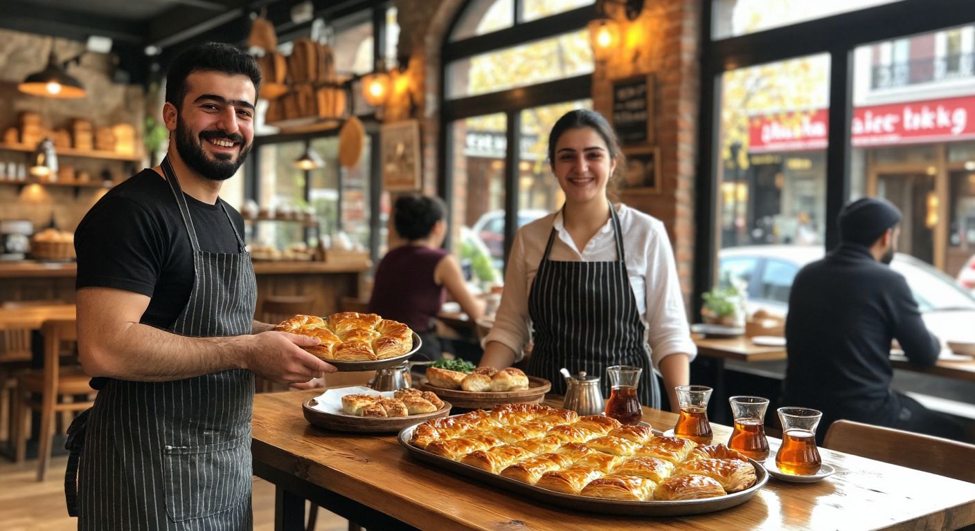 A cozy Turkish börekçi in Göztepe with warm wooden tables, trays of golden flaky börek, and smiling servers in traditional aprons, surrounded by locals enjoying tea in tulip-shaped glasses.