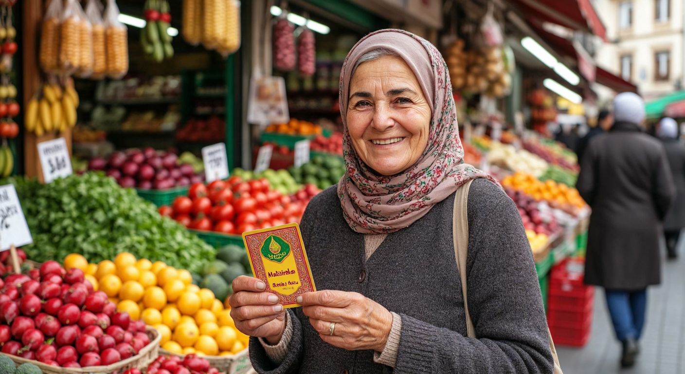 A smiling elderly woman in a headscarf gratefully holds a colorful shopping card while standing in a bustling Turkish market filled with fresh produce and Ramadan decorations.