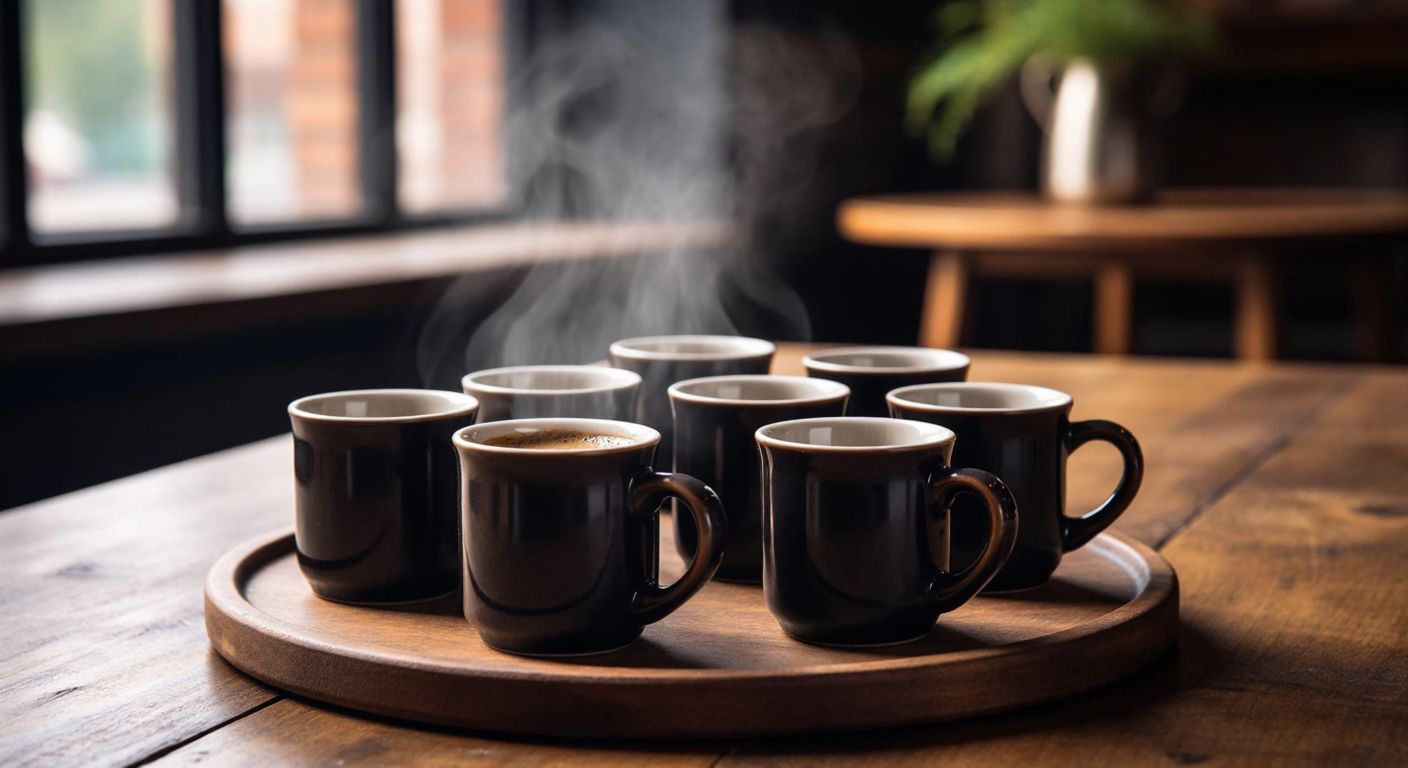 A sleek ceramic espresso shot set with six small cups, arranged neatly on a rustic wooden table in a cozy Turkish café, steam rising from freshly brewed coffee.