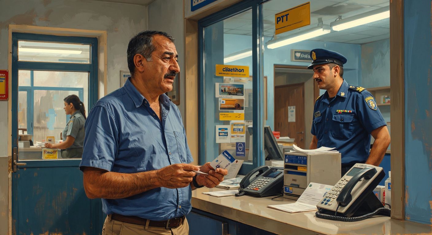 A middle-aged Turkish man in a casual shirt stands at a PTT branch counter, holding his ID card and bank card while speaking to a uniformed clerk behind the glass, with a phone receiver visible nearby.