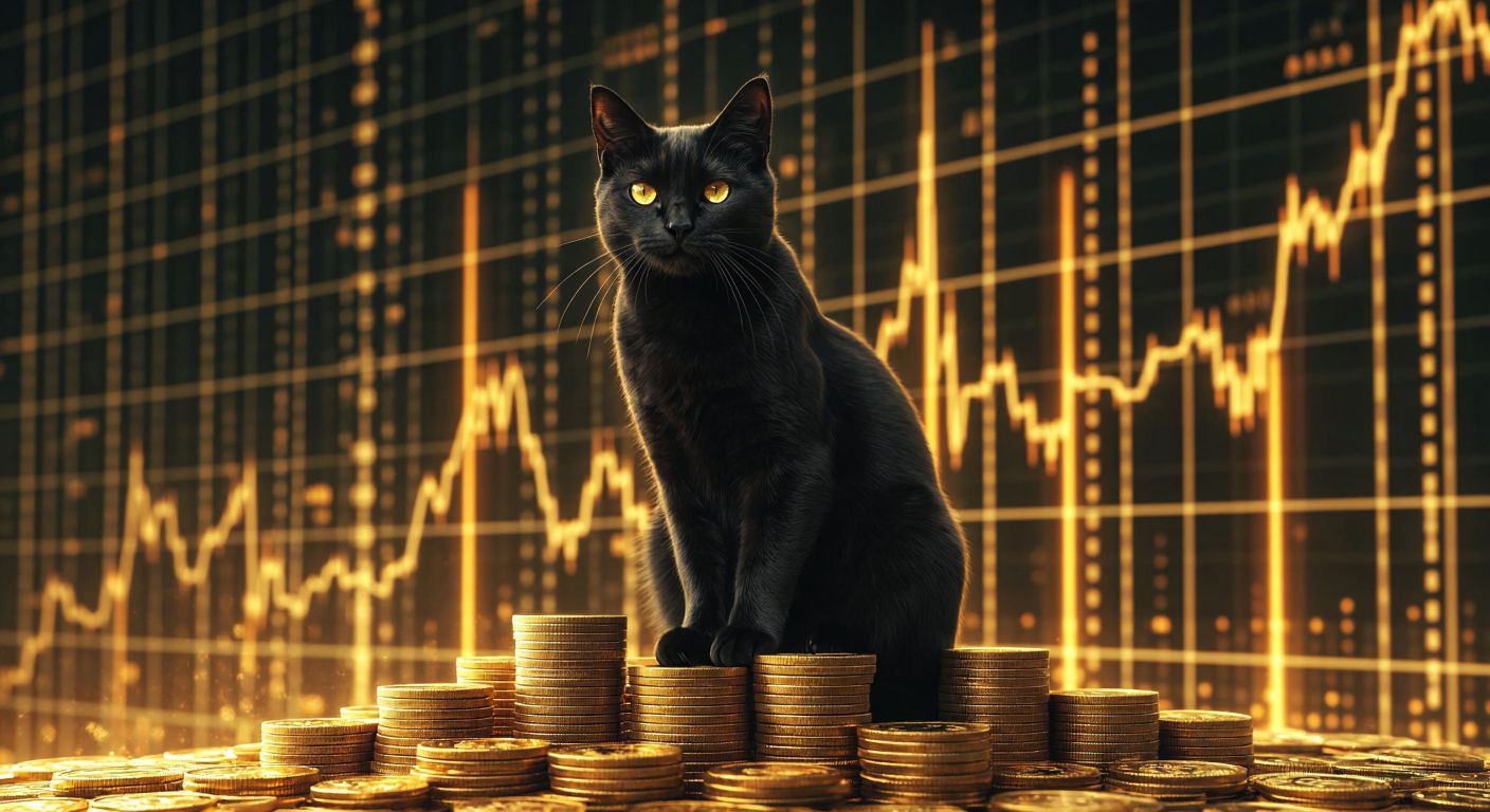 A sleek black cat with glowing eyes sits atop a golden coin pile, surrounded by shimmering digital graphs in the background.