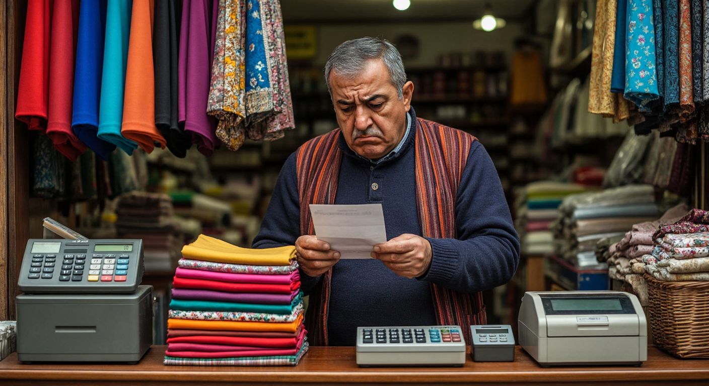 A Turkish shopkeeper frowning at a digital receipt while holding a colorful stack of fabric, with a small calculator and cash register nearby.
