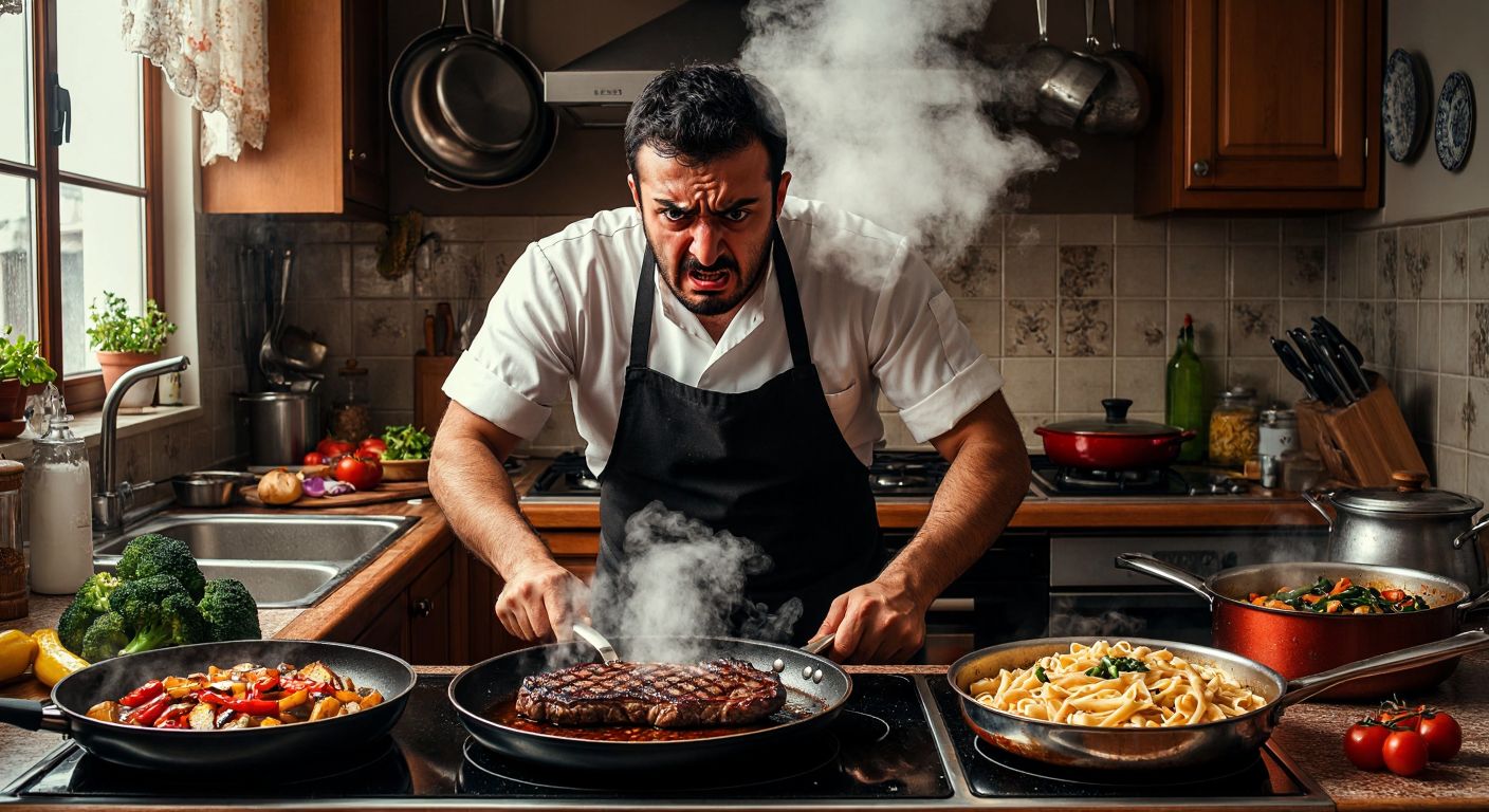 A frustrated Turkish home cook in a cluttered kitchen frowns at a charred steak, a pot of overcooked vegetables, and a greasy bowl of pasta, surrounded by spilled oil and a smoking pan.