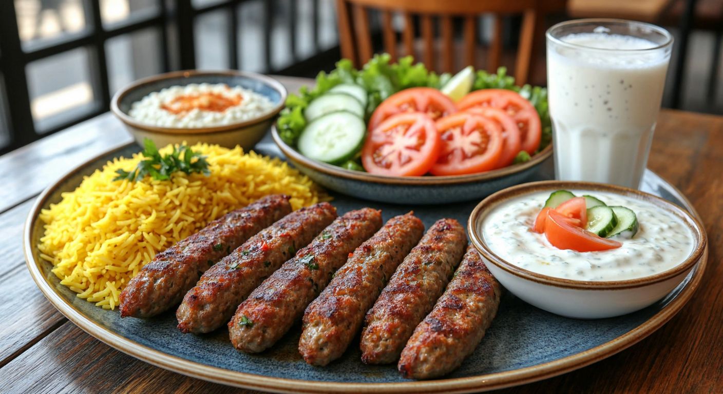 A steaming plate of golden-brown parmak kebabı sits beside fluffy saffron rice, a bowl of creamy yogurt, a fresh salad with tomatoes and cucumbers, and a glass of frothy ayran, all arranged on a rustic wooden table in a cozy Turkish eatery.