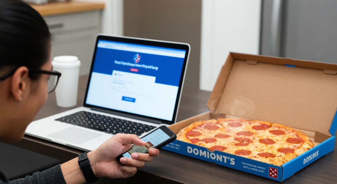 A person in the U.S. excitedly typing on a phone while a steaming pizza box from Domino's sits on a table nearby, with a laptop open showing a Twitter feed.