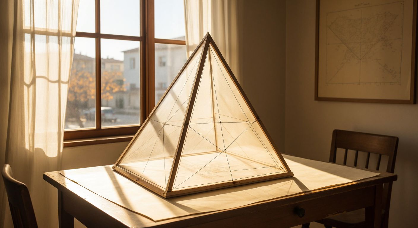 A hand-drawn geometric diagram on aged paper shows a triangle with dotted lines marking its midsegments and perpendicular bisectors intersecting at the circumcenter, evoking a classroom setting in Turkey with sunlight filtering through sheer curtains.