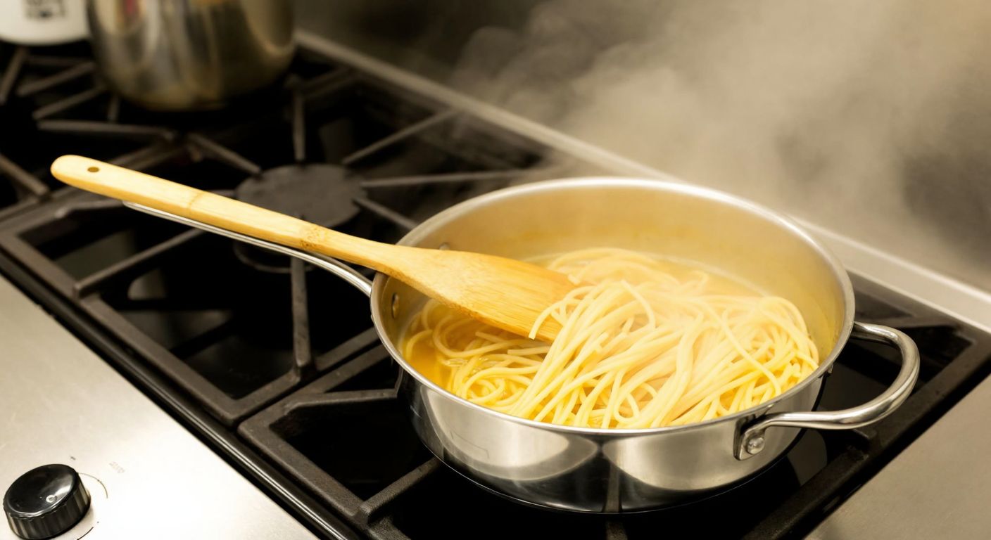 A steaming pot of thin spaghetti on a stove in a Turkish kitchen, with a wooden spoon resting on the edge and a timer set to 8 minutes nearby.